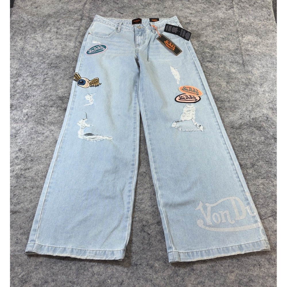 NWT Von Dutch Wide Leg Flare Jeans Women's 26 Patch Logo Embroidered Y2K Skater